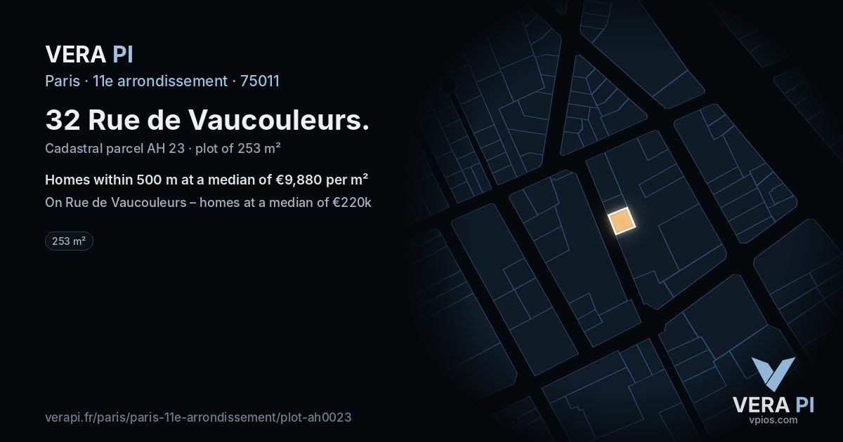32 Rue de Vaucouleurs, 11e arrondissement at night – the plot lit, the parcels around coloured by the prices near them