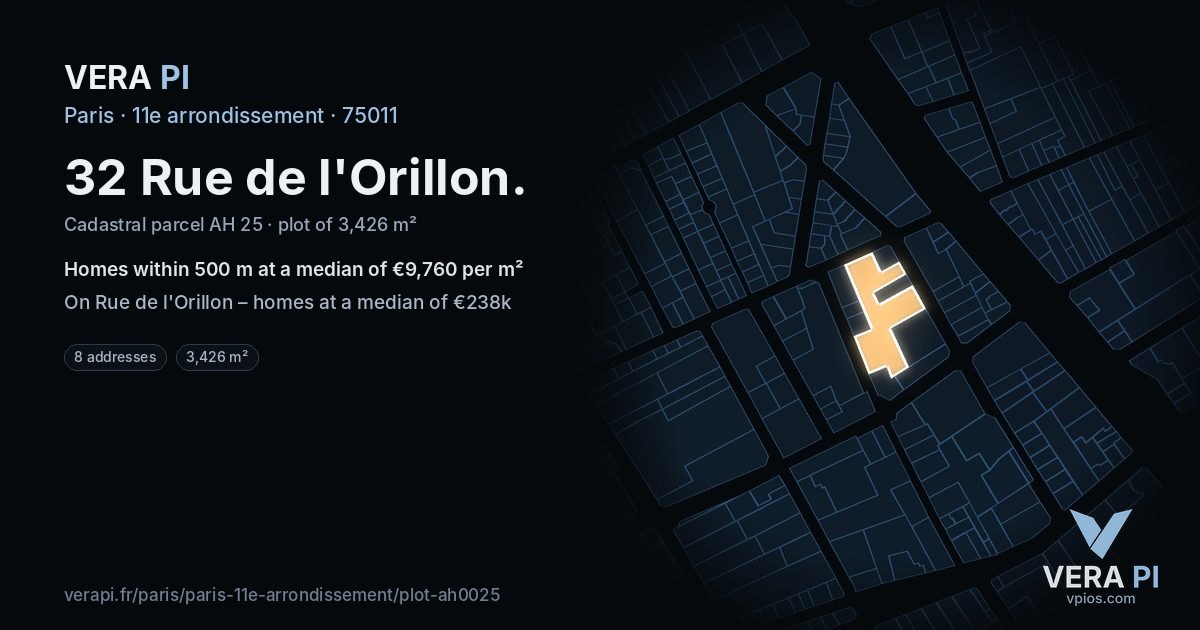 32 Rue de l'Orillon, 11e arrondissement at night – the plot lit, the parcels around coloured by the prices near them