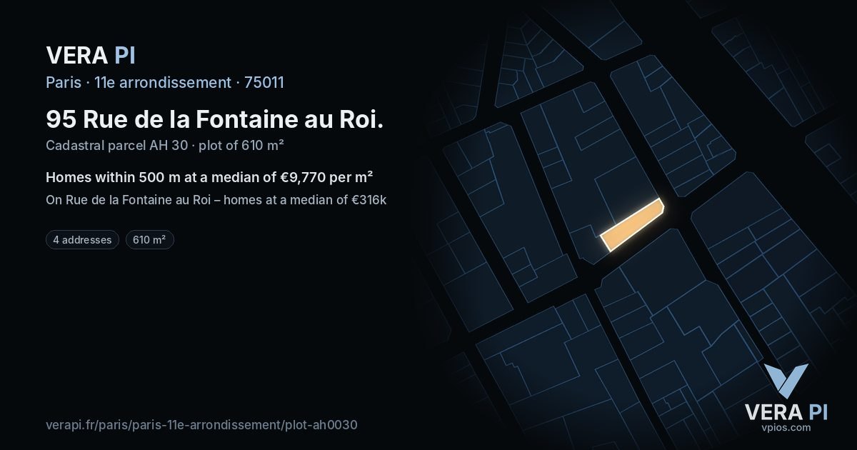 95 Rue de la Fontaine au Roi, 11e arrondissement at night – the plot lit, the parcels around coloured by the prices near them