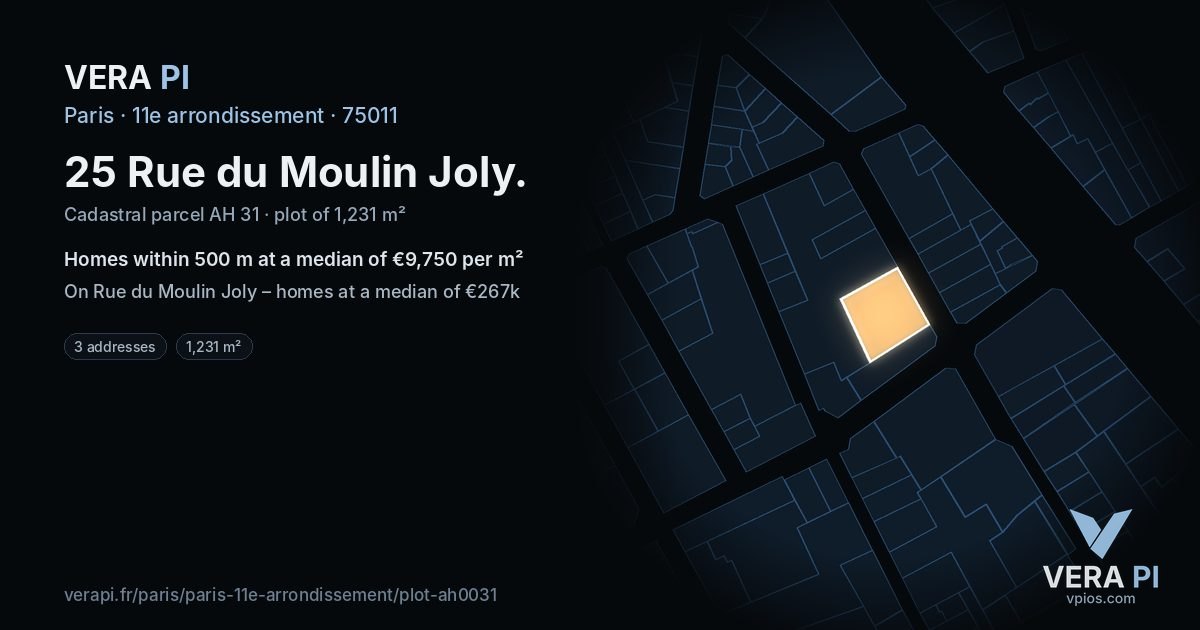 25 Rue du Moulin Joly, 11e arrondissement at night – the plot lit, the parcels around coloured by the prices near them