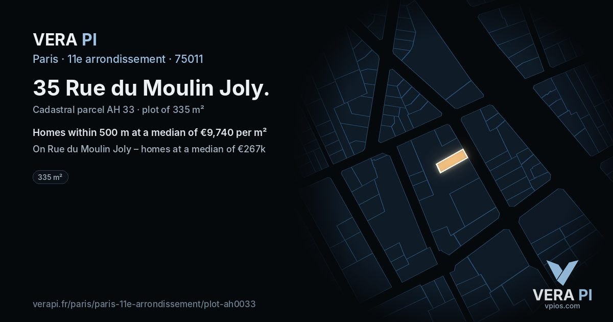 35 Rue du Moulin Joly, 11e arrondissement at night – the plot lit, the parcels around coloured by the prices near them