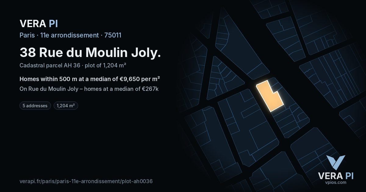 38 Rue du Moulin Joly, 11e arrondissement at night – the plot lit, the parcels around coloured by the prices near them