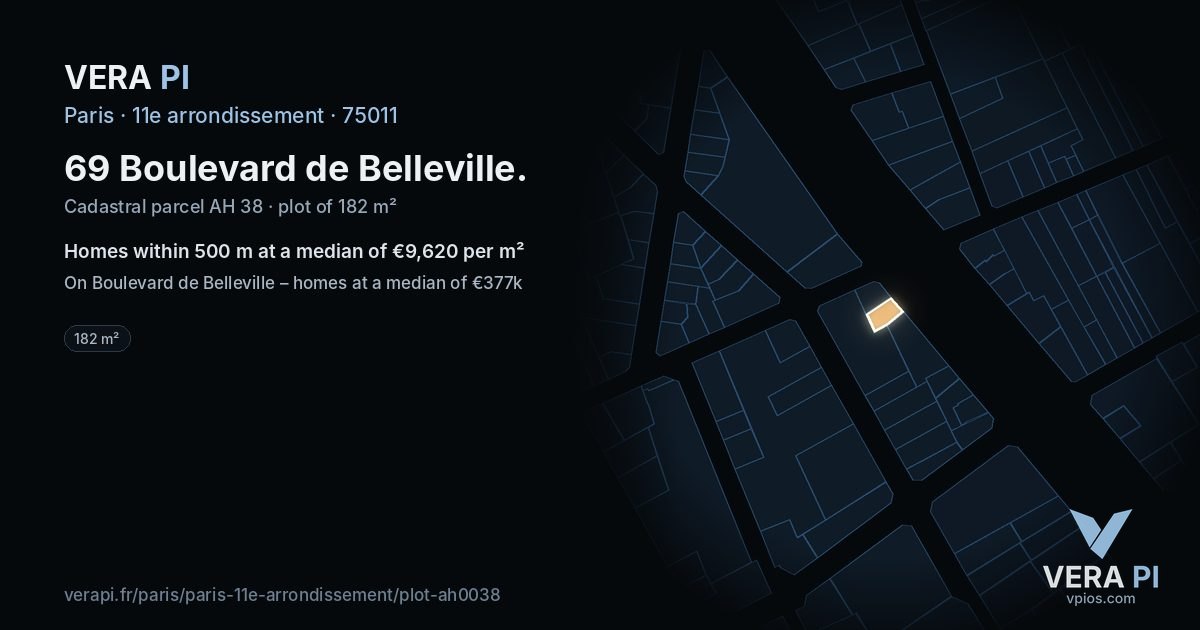 69 Boulevard de Belleville, 11e arrondissement at night – the plot lit, the parcels around coloured by the prices near them