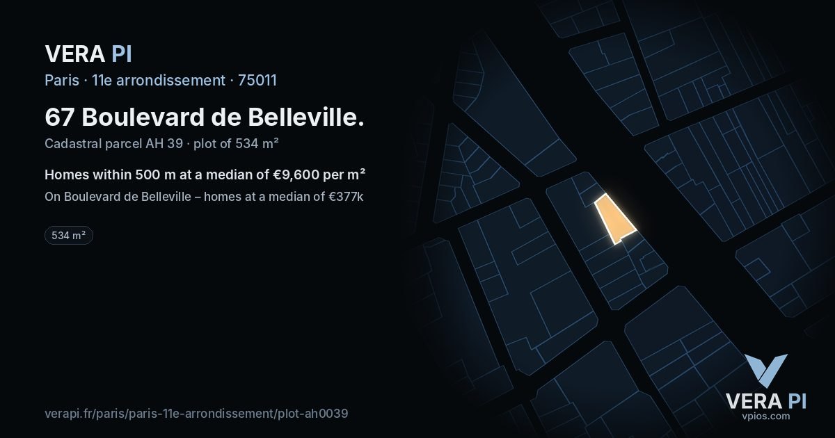 67 Boulevard de Belleville, 11e arrondissement at night – the plot lit, the parcels around coloured by the prices near them