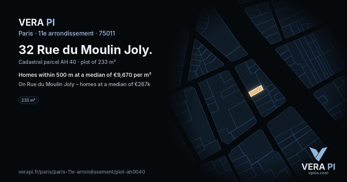 32 Rue du Moulin Joly, 11e arrondissement at night – the plot lit, the parcels around coloured by the prices near them