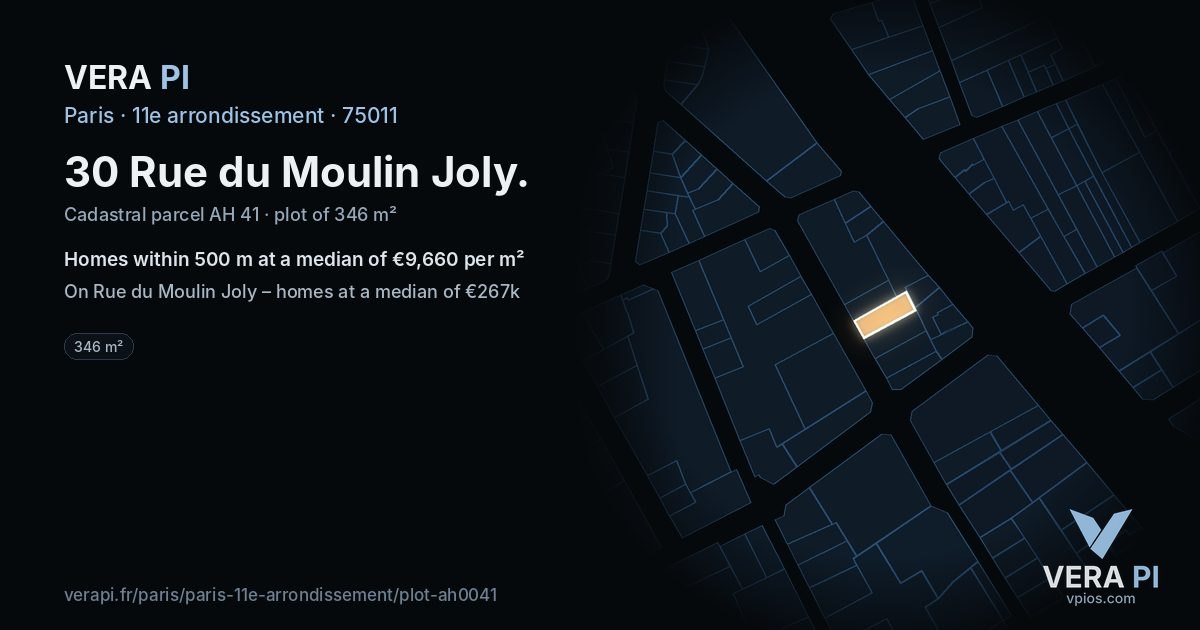 30 Rue du Moulin Joly, 11e arrondissement at night – the plot lit, the parcels around coloured by the prices near them