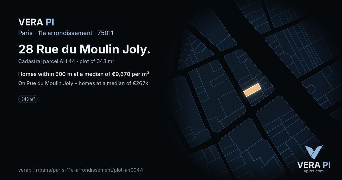 28 Rue du Moulin Joly, 11e arrondissement at night – the plot lit, the parcels around coloured by the prices near them