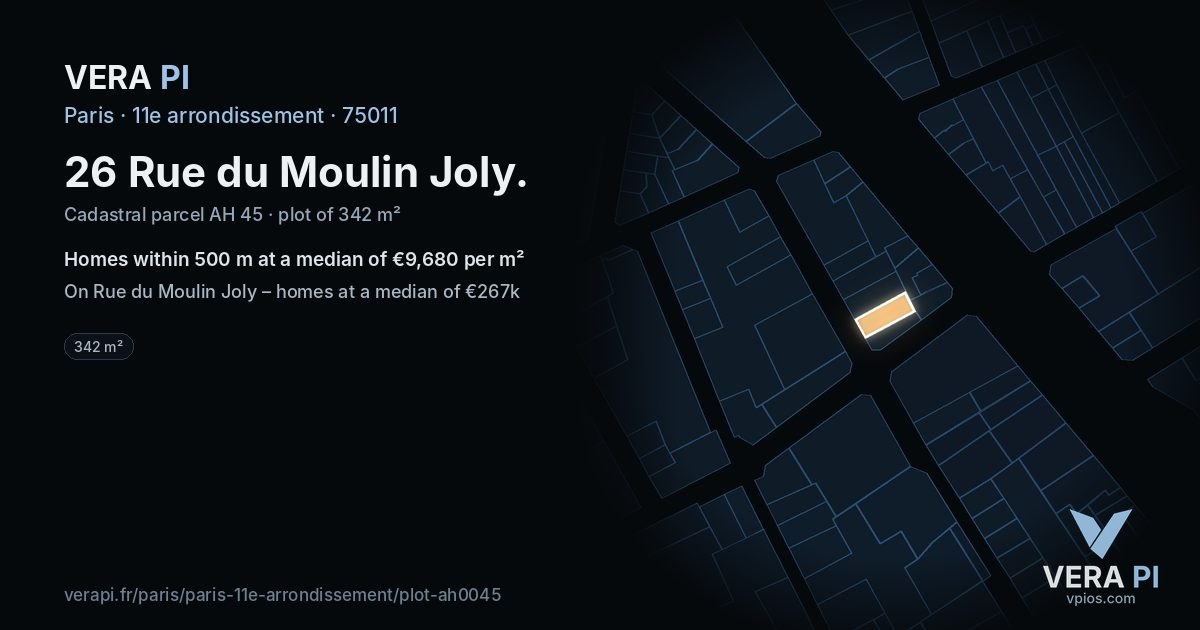 26 Rue du Moulin Joly, 11e arrondissement at night – the plot lit, the parcels around coloured by the prices near them