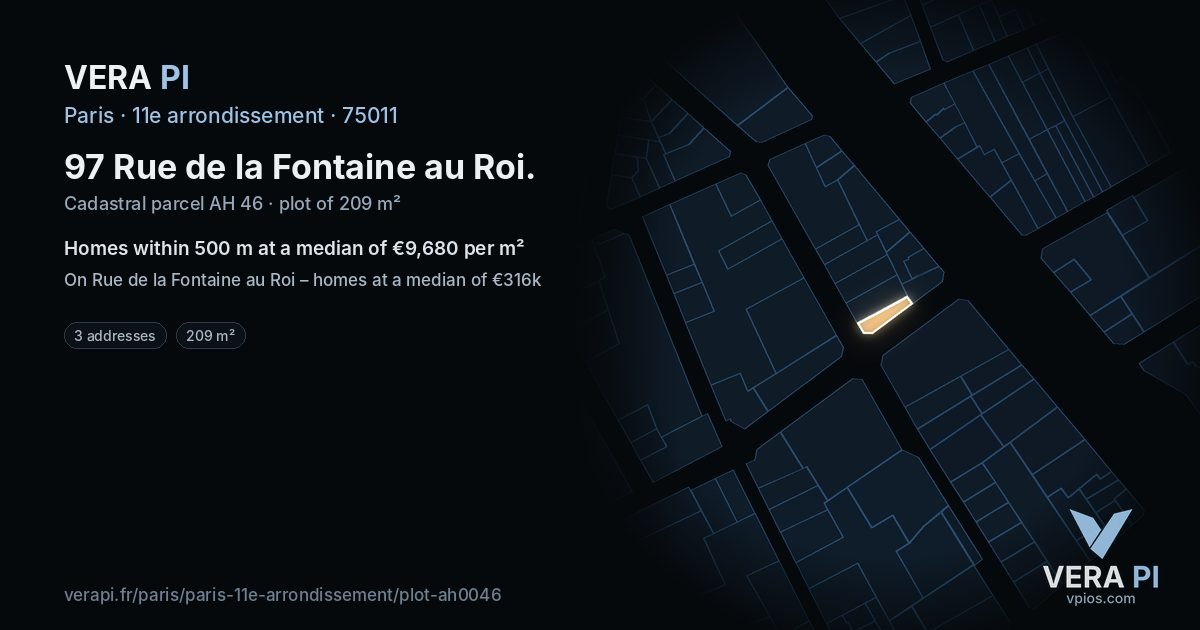 97 Rue de la Fontaine au Roi, 11e arrondissement at night – the plot lit, the parcels around coloured by the prices near them