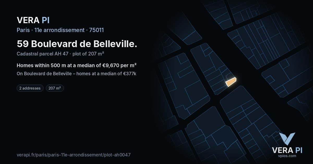 59 Boulevard de Belleville, 11e arrondissement at night – the plot lit, the parcels around coloured by the prices near them