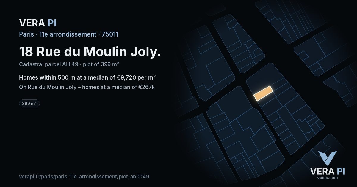 18 Rue du Moulin Joly, 11e arrondissement at night – the plot lit, the parcels around coloured by the prices near them
