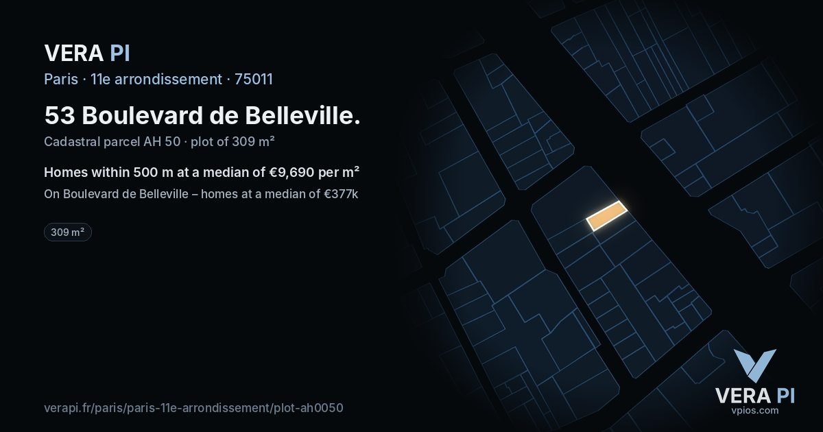 53 Boulevard de Belleville, 11e arrondissement at night – the plot lit, the parcels around coloured by the prices near them