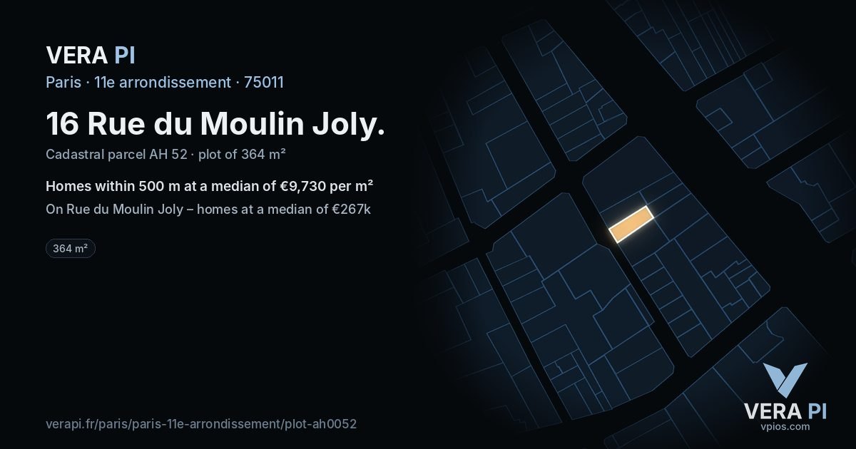 16 Rue du Moulin Joly, 11e arrondissement at night – the plot lit, the parcels around coloured by the prices near them
