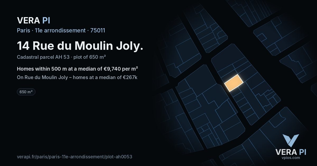 14 Rue du Moulin Joly, 11e arrondissement at night – the plot lit, the parcels around coloured by the prices near them