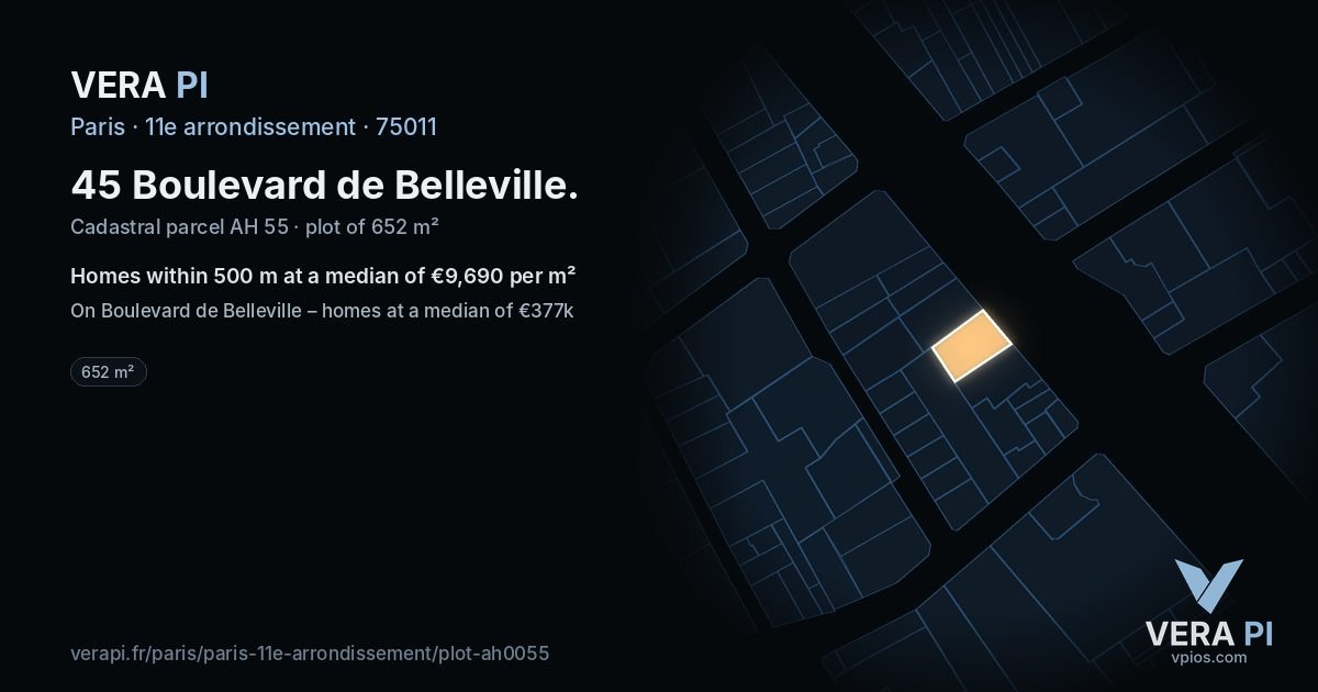 45 Boulevard de Belleville, 11e arrondissement at night – the plot lit, the parcels around coloured by the prices near them