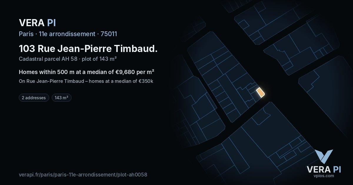 103 Rue Jean-Pierre Timbaud, 11e arrondissement at night – the plot lit, the parcels around coloured by the prices near them