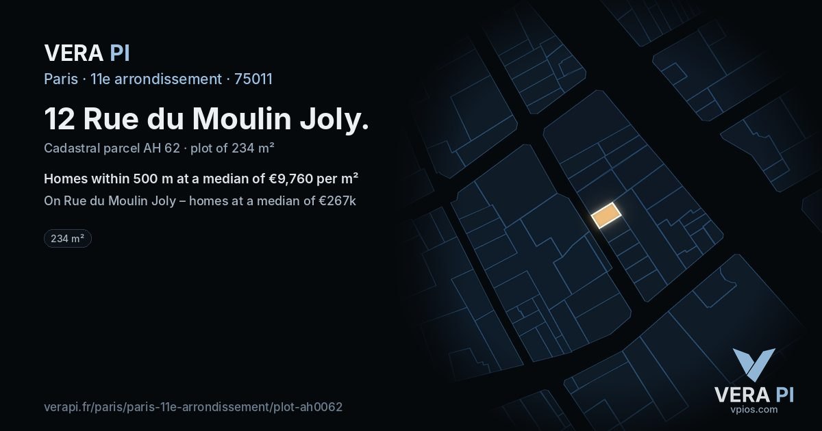 12 Rue du Moulin Joly, 11e arrondissement at night – the plot lit, the parcels around coloured by the prices near them