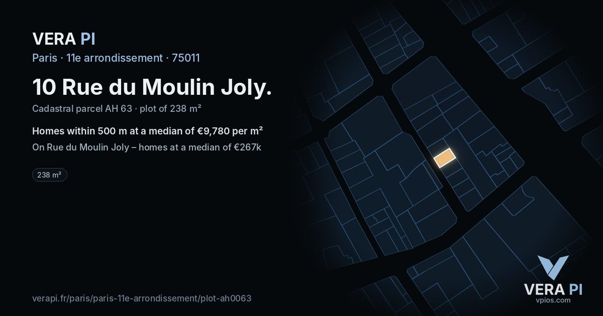 10 Rue du Moulin Joly, 11e arrondissement at night – the plot lit, the parcels around coloured by the prices near them