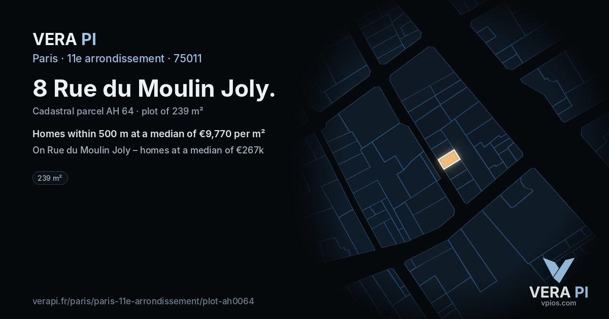 8 Rue du Moulin Joly, 11e arrondissement at night – the plot lit, the parcels around coloured by the prices near them