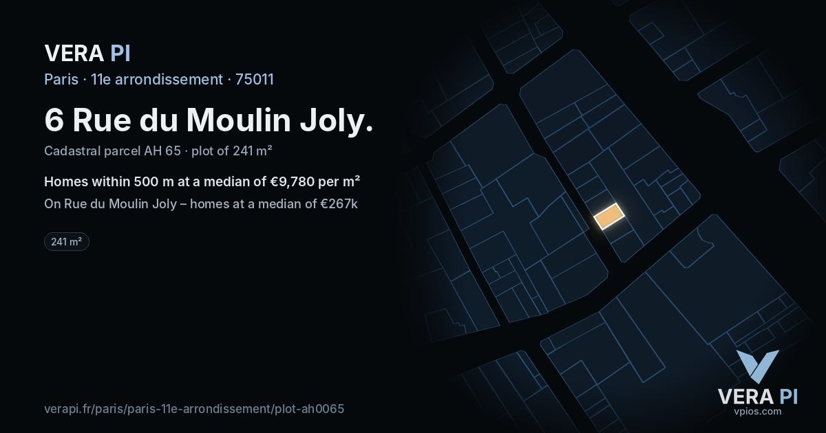6 Rue du Moulin Joly, 11e arrondissement at night – the plot lit, the parcels around coloured by the prices near them