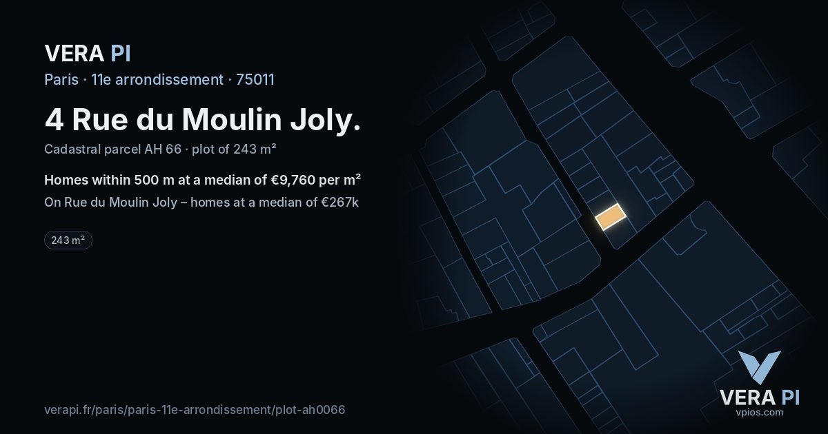4 Rue du Moulin Joly, 11e arrondissement at night – the plot lit, the parcels around coloured by the prices near them