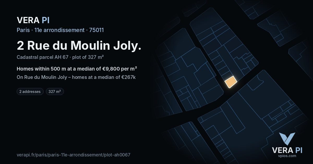 2 Rue du Moulin Joly, 11e arrondissement at night – the plot lit, the parcels around coloured by the prices near them