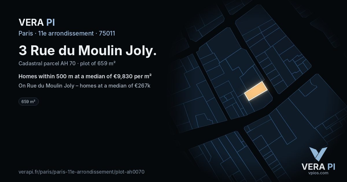 3 Rue du Moulin Joly, 11e arrondissement at night – the plot lit, the parcels around coloured by the prices near them