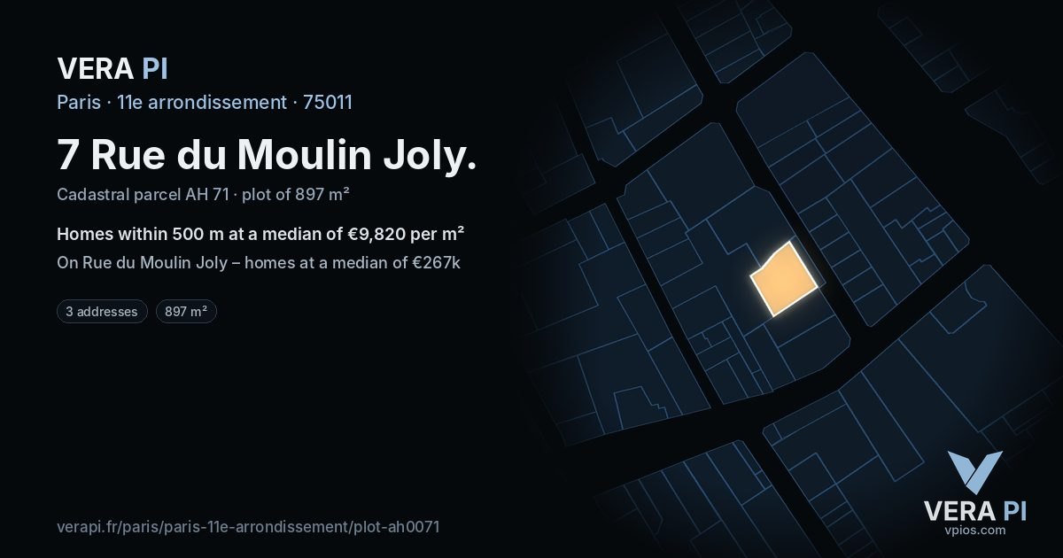 7 Rue du Moulin Joly, 11e arrondissement at night – the plot lit, the parcels around coloured by the prices near them