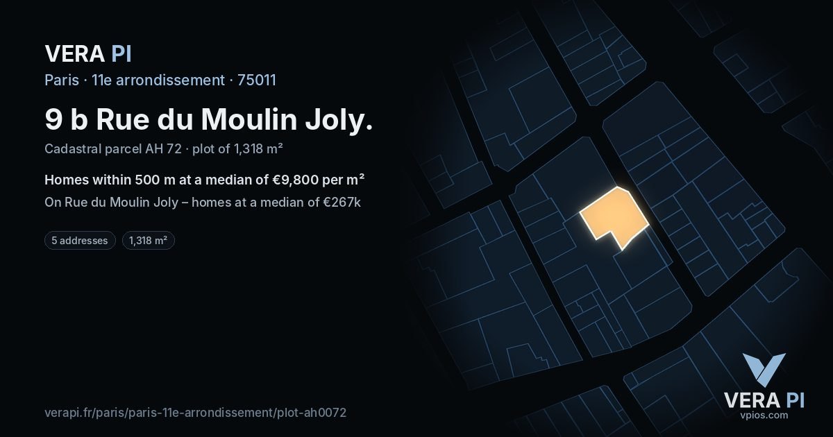 9 b Rue du Moulin Joly, 11e arrondissement at night – the plot lit, the parcels around coloured by the prices near them