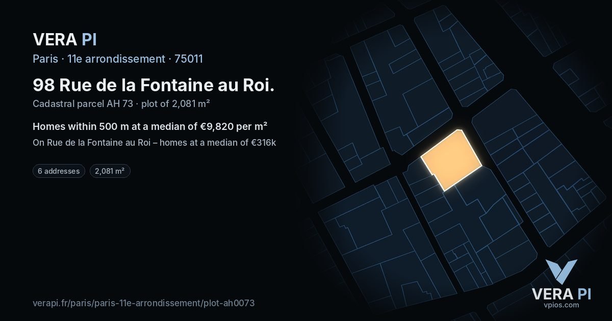 98 Rue de la Fontaine au Roi, 11e arrondissement at night – the plot lit, the parcels around coloured by the prices near them
