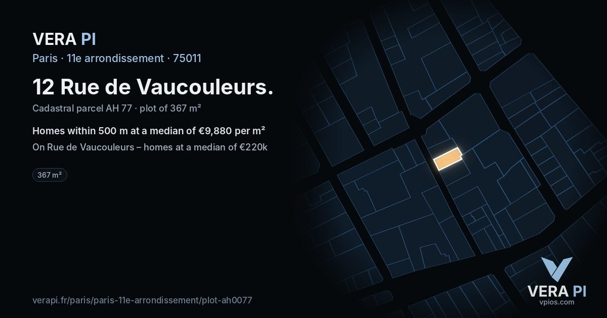 12 Rue de Vaucouleurs, 11e arrondissement at night – the plot lit, the parcels around coloured by the prices near them