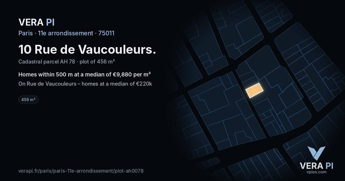 10 Rue de Vaucouleurs, 11e arrondissement at night – the plot lit, the parcels around coloured by the prices near them