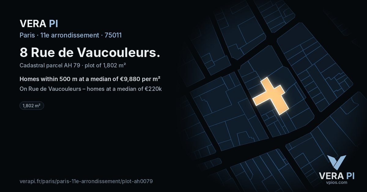 8 Rue de Vaucouleurs, 11e arrondissement at night – the plot lit, the parcels around coloured by the prices near them