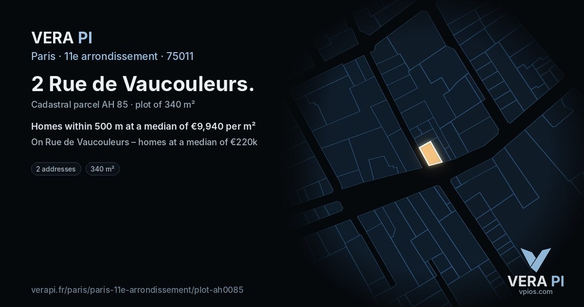 2 Rue de Vaucouleurs, 11e arrondissement at night – the plot lit, the parcels around coloured by the prices near them