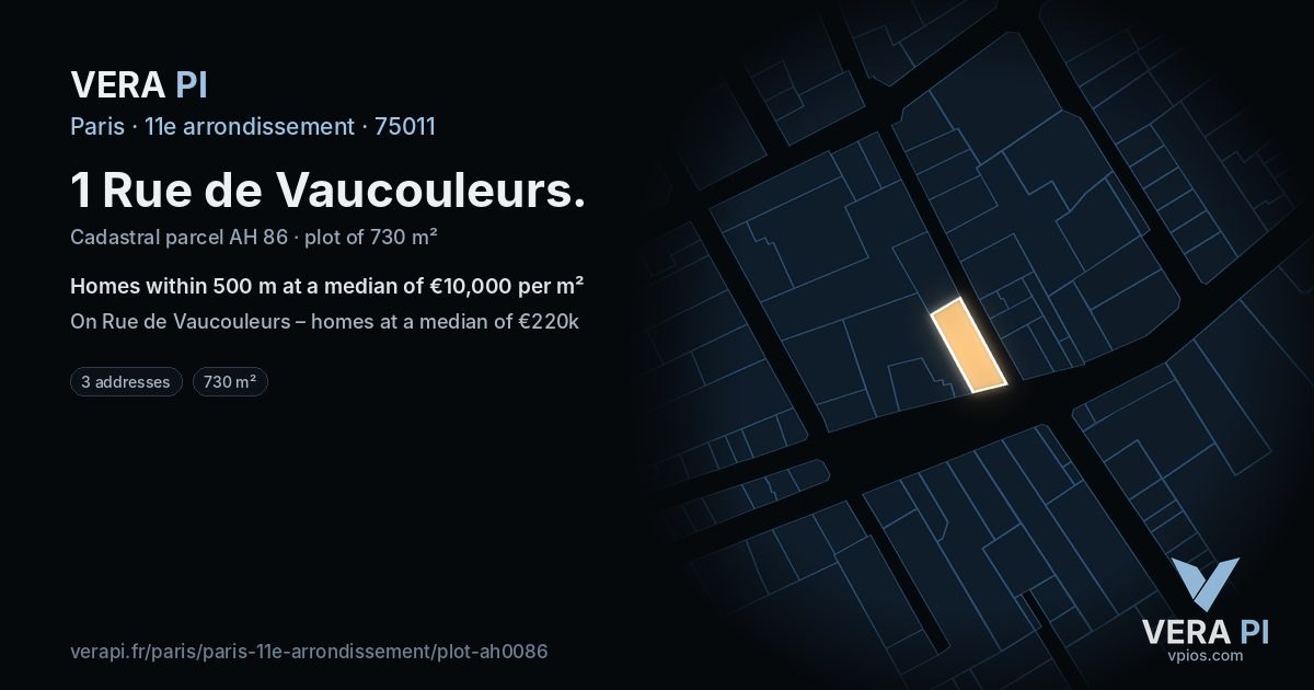 1 Rue de Vaucouleurs, 11e arrondissement at night – the plot lit, the parcels around coloured by the prices near them