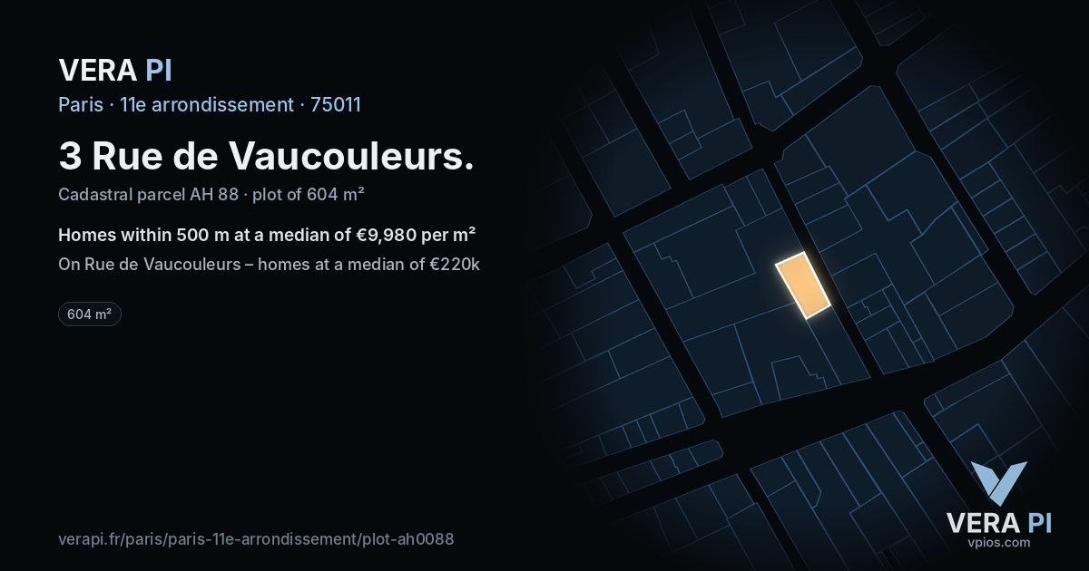 3 Rue de Vaucouleurs, 11e arrondissement at night – the plot lit, the parcels around coloured by the prices near them