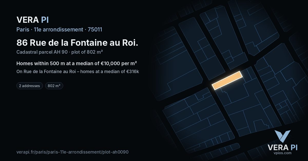 86 Rue de la Fontaine au Roi, 11e arrondissement at night – the plot lit, the parcels around coloured by the prices near them