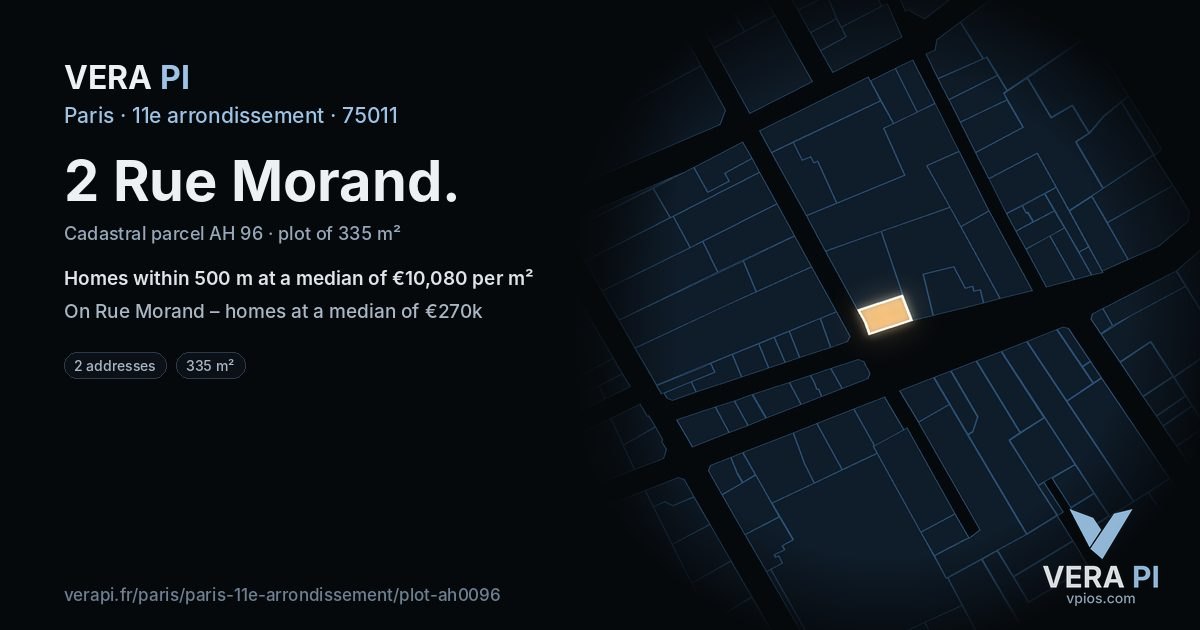 2 Rue Morand, 11e arrondissement at night – the plot lit, the parcels around coloured by the prices near them
