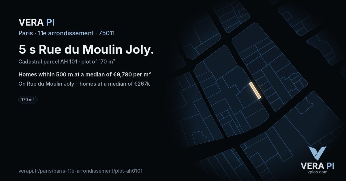 5 s Rue du Moulin Joly, 11e arrondissement at night – the plot lit, the parcels around coloured by the prices near them