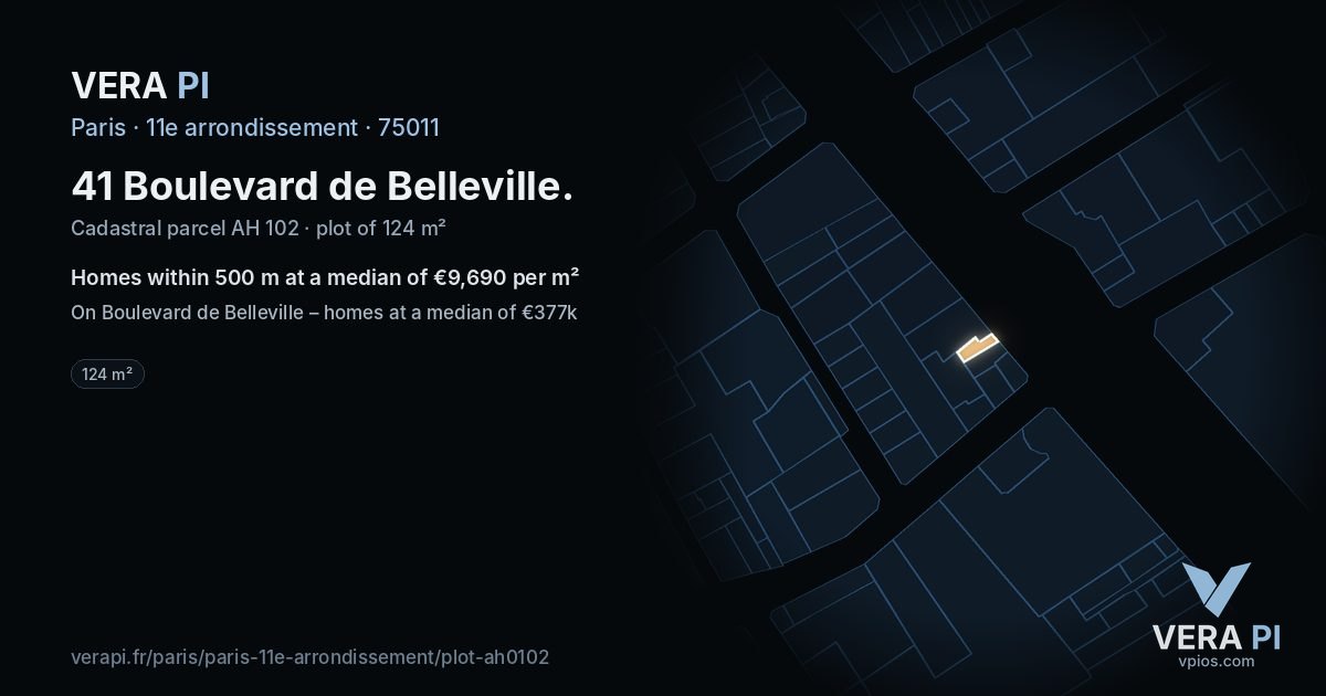 41 Boulevard de Belleville, 11e arrondissement at night – the plot lit, the parcels around coloured by the prices near them