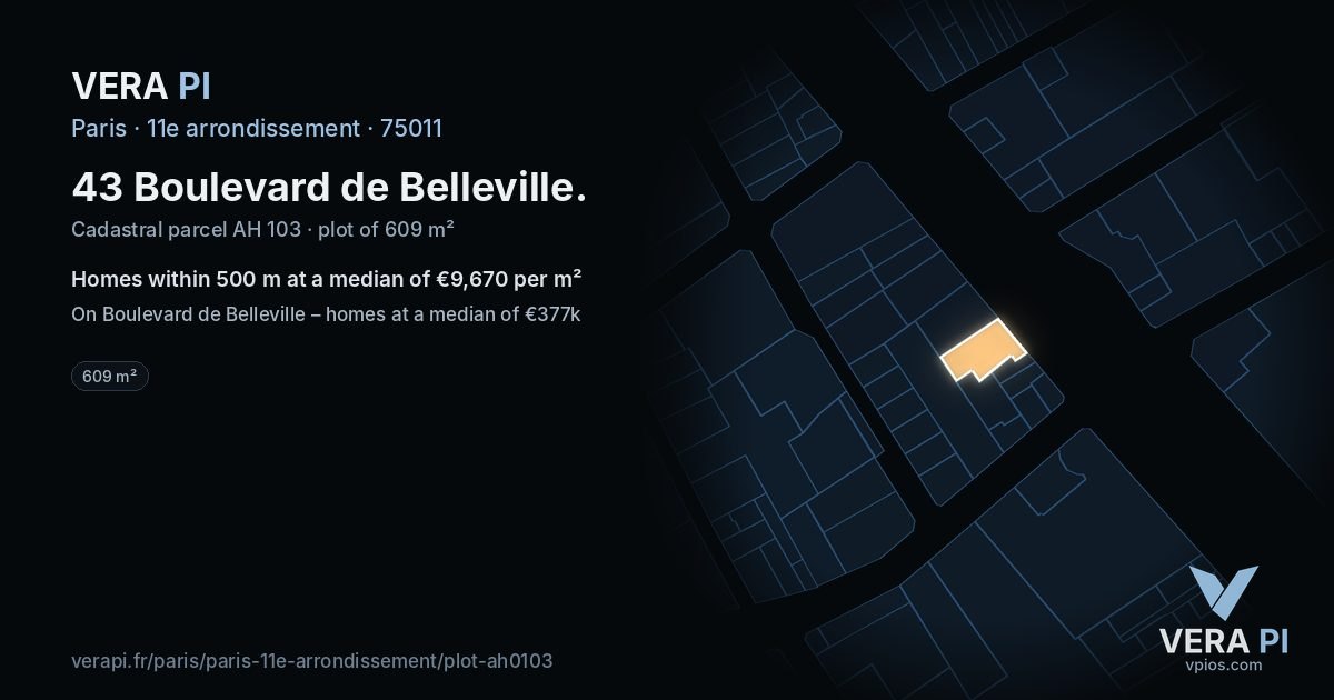 43 Boulevard de Belleville, 11e arrondissement at night – the plot lit, the parcels around coloured by the prices near them