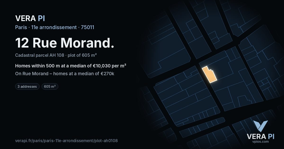 12 Rue Morand, 11e arrondissement at night – the plot lit, the parcels around coloured by the prices near them