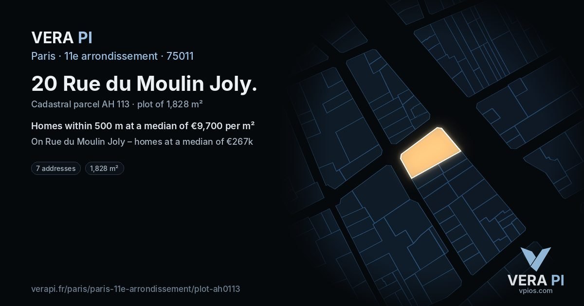 20 Rue du Moulin Joly, 11e arrondissement at night – the plot lit, the parcels around coloured by the prices near them