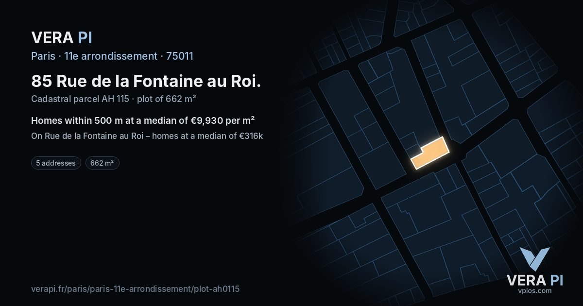 85 Rue de la Fontaine au Roi, 11e arrondissement at night – the plot lit, the parcels around coloured by the prices near them