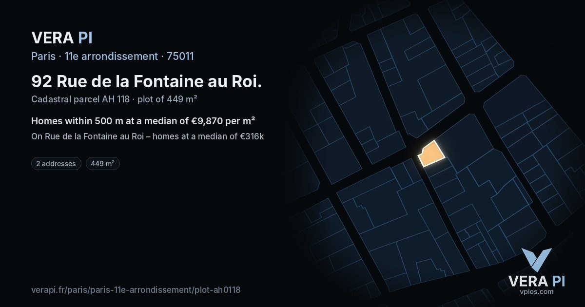92 Rue de la Fontaine au Roi, 11e arrondissement at night – the plot lit, the parcels around coloured by the prices near them