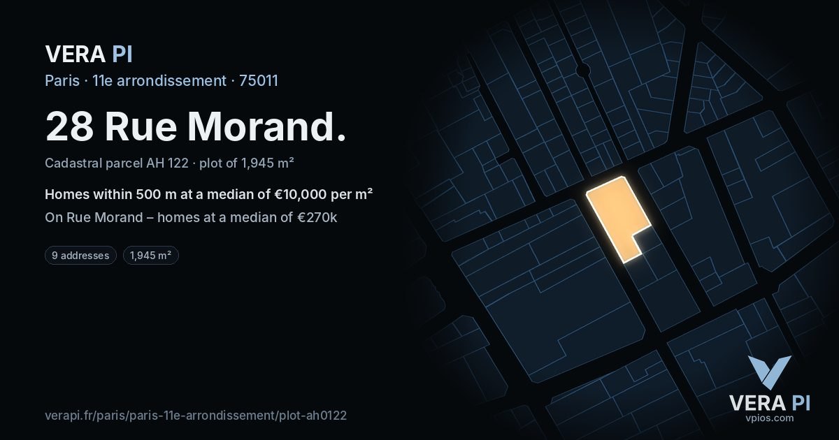 28 Rue Morand, 11e arrondissement at night – the plot lit, the parcels around coloured by the prices near them