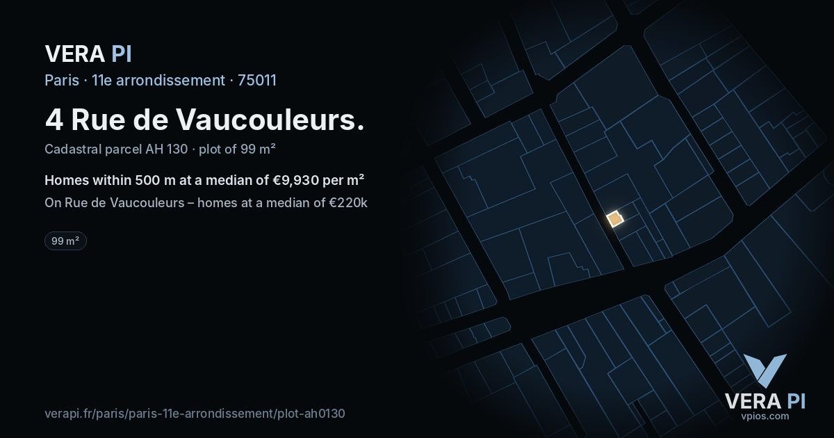 4 Rue de Vaucouleurs, 11e arrondissement at night – the plot lit, the parcels around coloured by the prices near them