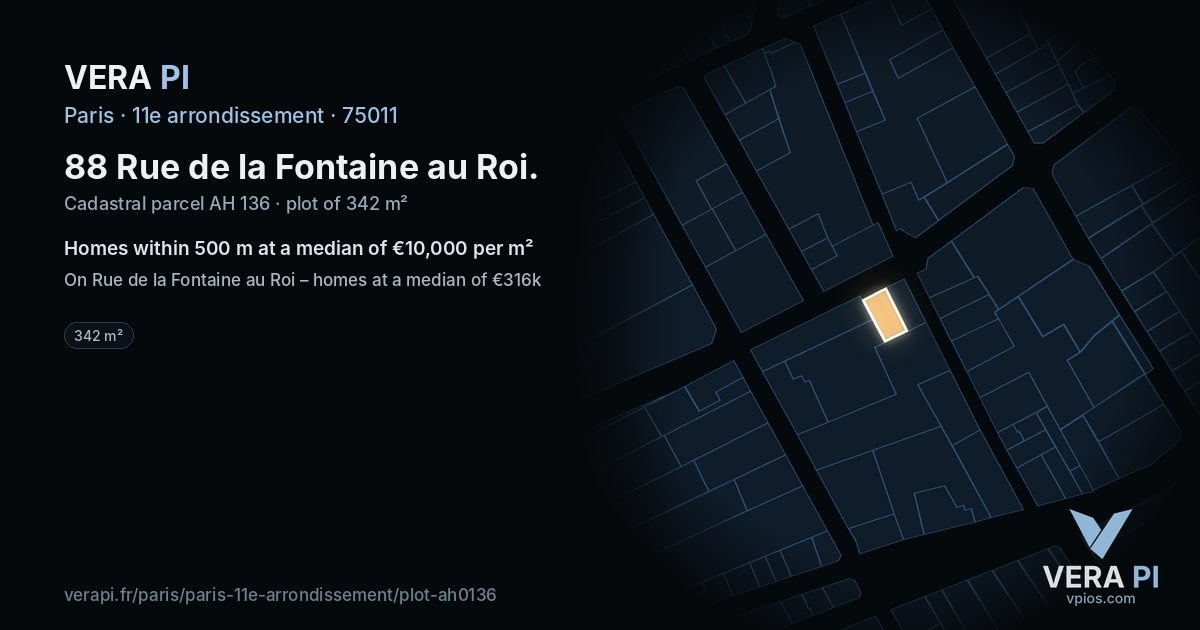 88 Rue de la Fontaine au Roi, 11e arrondissement at night – the plot lit, the parcels around coloured by the prices near them