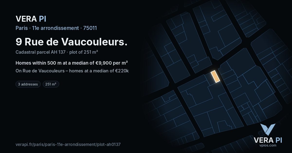 9 Rue de Vaucouleurs, 11e arrondissement at night – the plot lit, the parcels around coloured by the prices near them