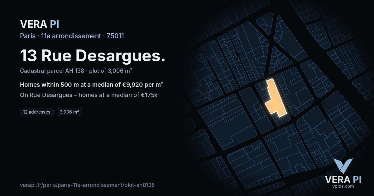 13 Rue Desargues, 11e arrondissement at night – the plot lit, the parcels around coloured by the prices near them